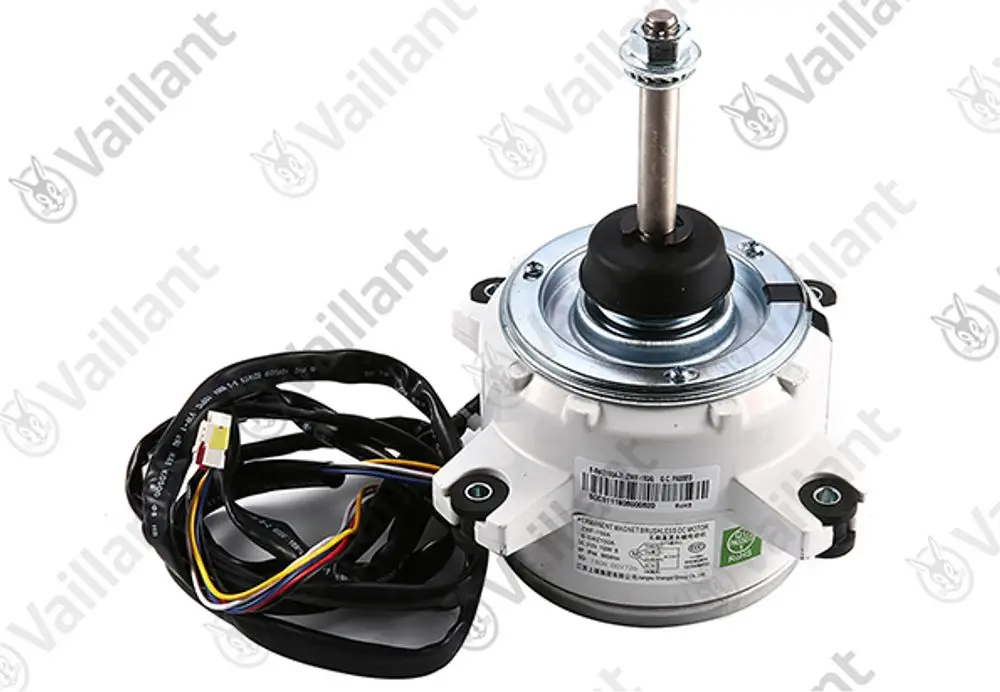 Vaillant Motor mit Kabelbaum, zu erkennen an der runden Struktur und einem zentralen Wellenansatz. Design für elektrische Anwendungen, vermutlich für Klimageräte oder Heizsysteme.